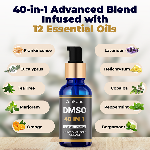 DMSO Cream 99.995% Pure Pharma Grade - 40-in-1 Advanced Formula -12 Essential Oils, Arnica, Aloe Vera, MSM - Fast-Absorbing Joint & Muscle Cream – 2 oz Glass Pump Bottle – Made in USA