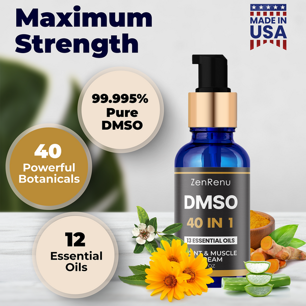 DMSO Cream 99.995% Pure Pharma Grade - 40-in-1 Advanced Formula -12 Essential Oils, Arnica, Aloe Vera, MSM - Fast-Absorbing Joint & Muscle Cream – 2 oz Glass Pump Bottle – Made in USA