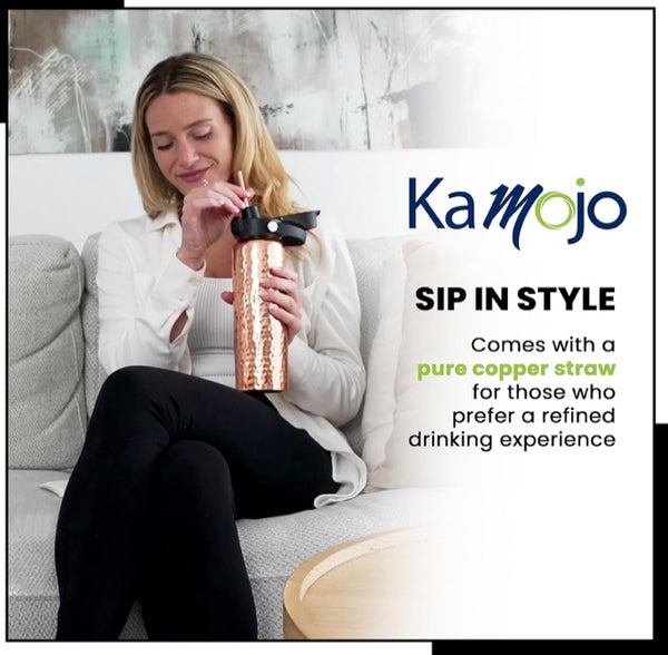 Copper Water Bottle Anti-Bacterial - Push Button Sports Lid - Removable Insulated Neoprene Sleeve and Optional Copper Straw