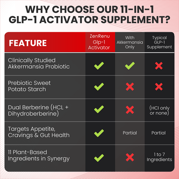 ZenRenu GLP-1 Supplement - Akkermansia Probiotic & Super Berberine 11-in-1 Gut & Metabolism Support with Hops, Bitter Melon, Ceylon Cinnamon, Green Tea - GLP-1 Advanced Natural Support - 60 Vegan Caps