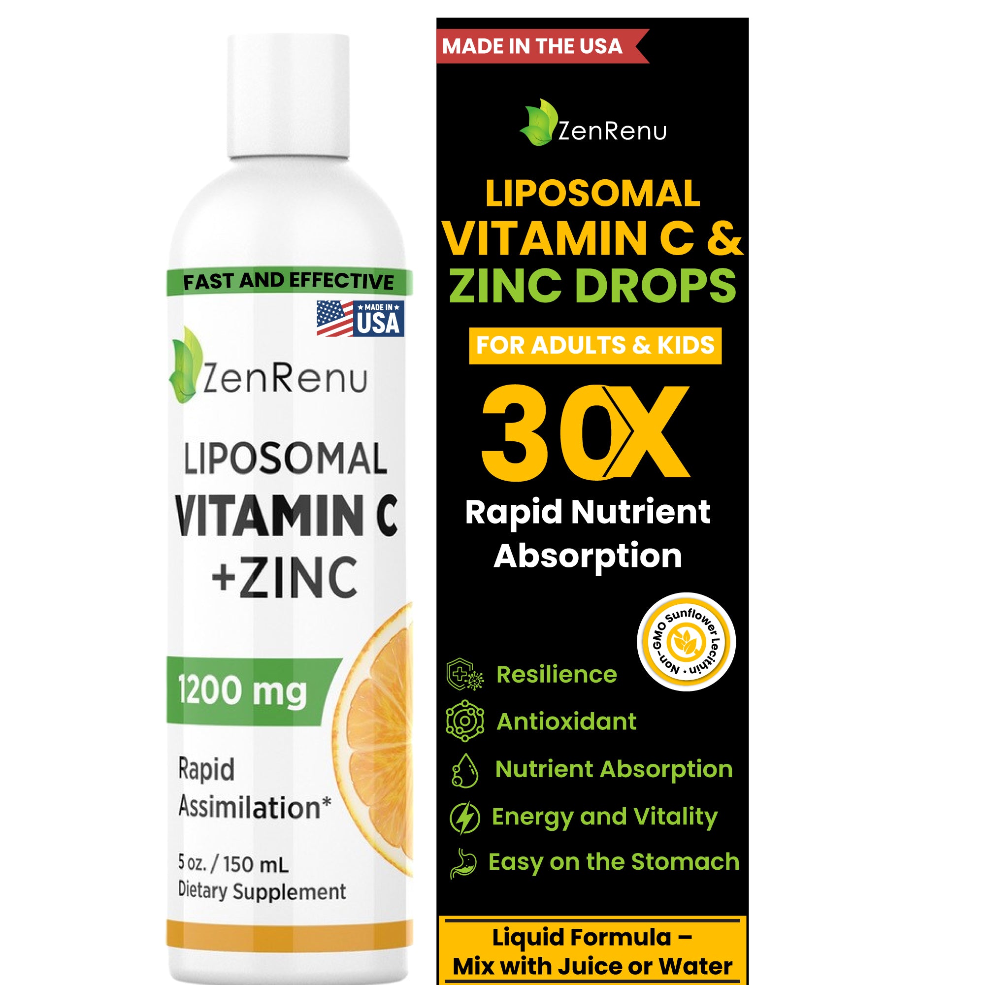 Liposomal Vitamin C & Zinc Liquid -1200mg Supplement Drink- Rapid Cell - ZenRenu Liposomal Vitamin C & Zinc Liquid -1200mg Supplement Drink- Rapid Cell - ZenRenu