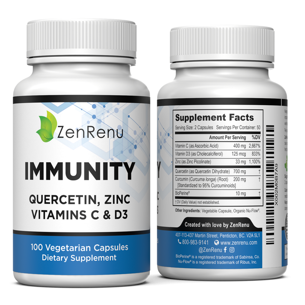 2 Bottles Quercetin, Zinc Picolinate, Vitamin C & D3 Supplement with Curcumin- Immune Support - Made in The USA by Zenrenu