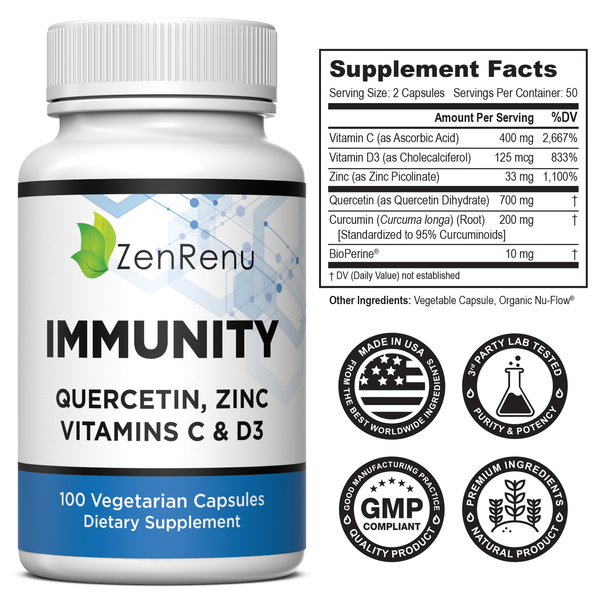 Quercetin, Zinc Picolinate, Vitamin C & D3 Supplement with Curcumin- Immune Support - Made in The USA by Zenrenu
